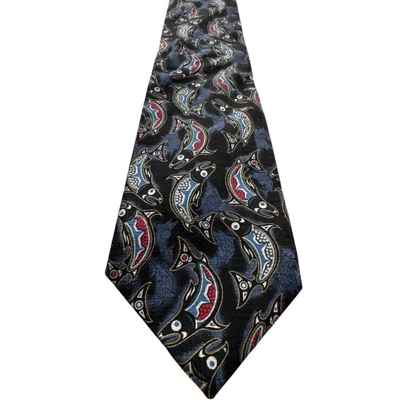 Oscardo by Elaine Paine Silk Tie Barracuda Abstract Fish Print Navy Red White - Picture 1 of 3